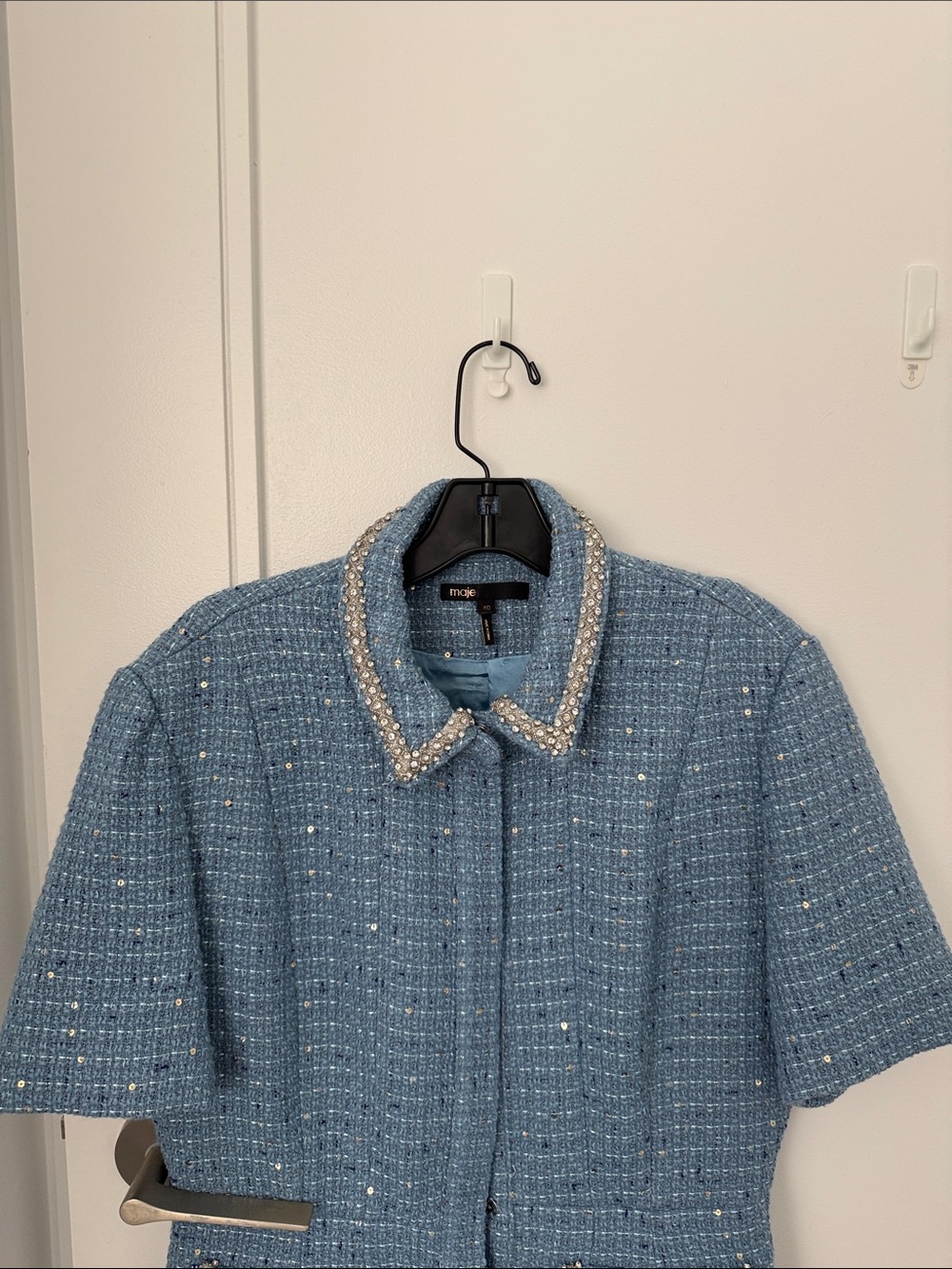 MAJE Blue Tweed Pearl-Trim Short Sleeve Coat - Picture 3 of 4